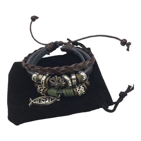 Jesus ICHTHUS Fish Charm Leather Adjustable Bracelet Set Boho Stack 6.5–7.5 in - Picture 13 of 15